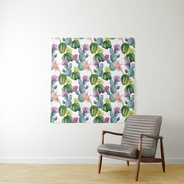Watercolor Cacti Art Pattern Tapestry (In Situ (Horizontal))