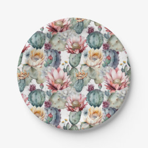 Watercolor Cacti Blooming Succulents Paper Plate