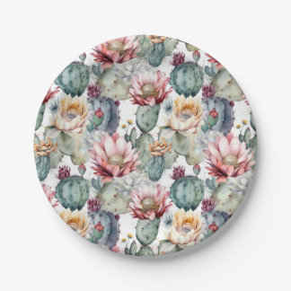 Watercolor Cacti Blooming Succulents Paper Plate