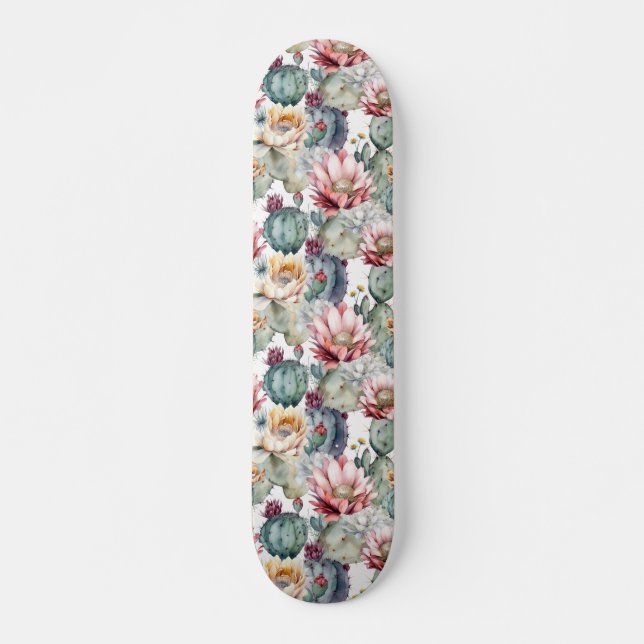 Watercolor Cacti Blooming Succulents Skateboard (Front)
