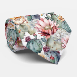 Watercolor Cacti Blooming Succulents Tie