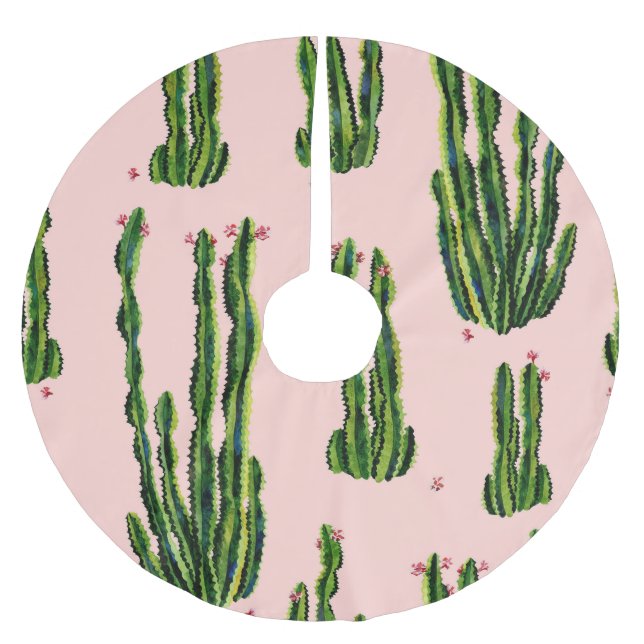 Watercolor Cacti: Blossoming Seamless Pattern Brushed Polyester Tree Skirt (Front)