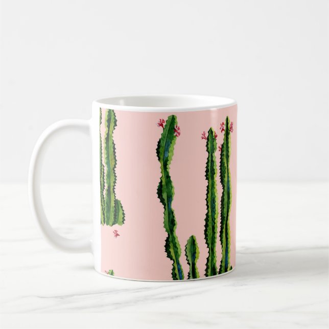 Watercolor Cacti: Blossoming Seamless Pattern Coffee Mug (Left)