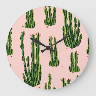 Watercolor Cacti: Blossoming Seamless Pattern Large Clock