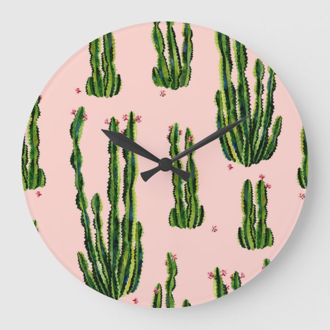 Watercolor Cacti: Blossoming Seamless Pattern Large Clock (Front)