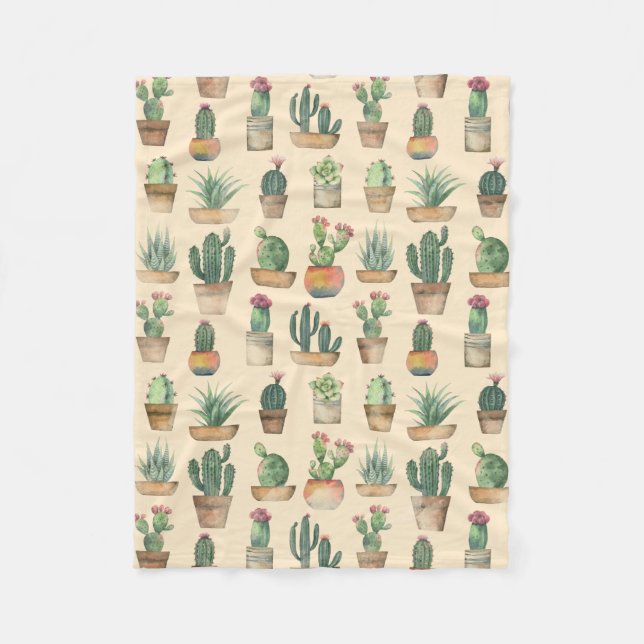 Watercolor Cacti Botanical Nature Fleece Blanket (Front)