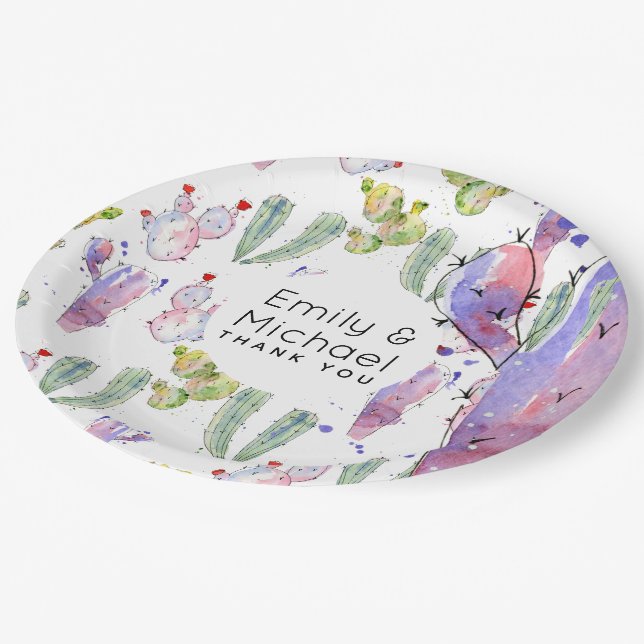 Watercolor Cacti Fiesta Personalised Paper Plate (Angled)
