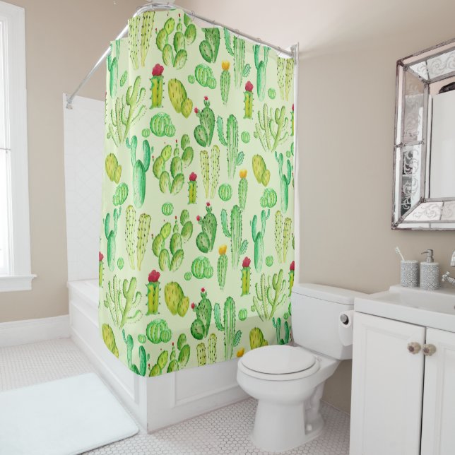 Watercolor Cacti Pattern Shower Curtain (In Situ)