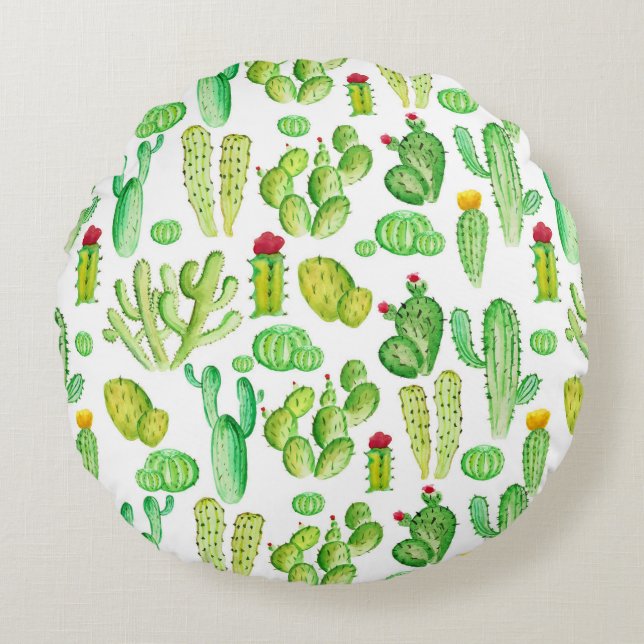 Watercolor Cacti Round Cushion (Front)