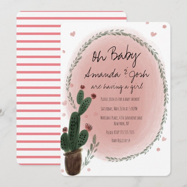 Watercolor Cactus and Hearts Greenery Baby Shower Invitation (Front/Back)