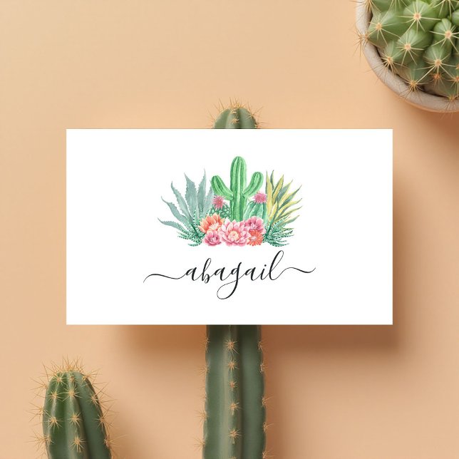 Watercolor Cactus and Pink Floral Elegant Business Card (Watercolor Cactus and Pink Floral Elegant Business Card)