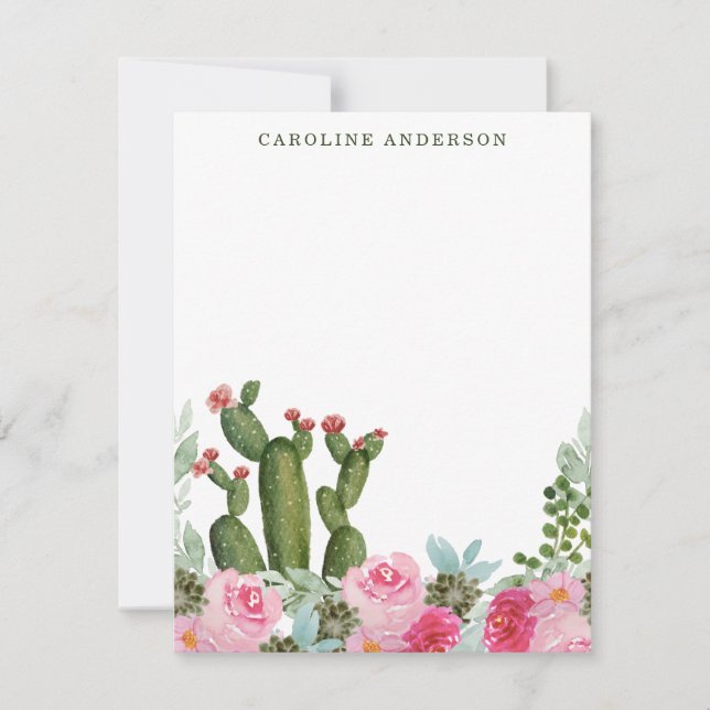 Watercolor Cactus and Pink Flowers Personalised Card (Front)