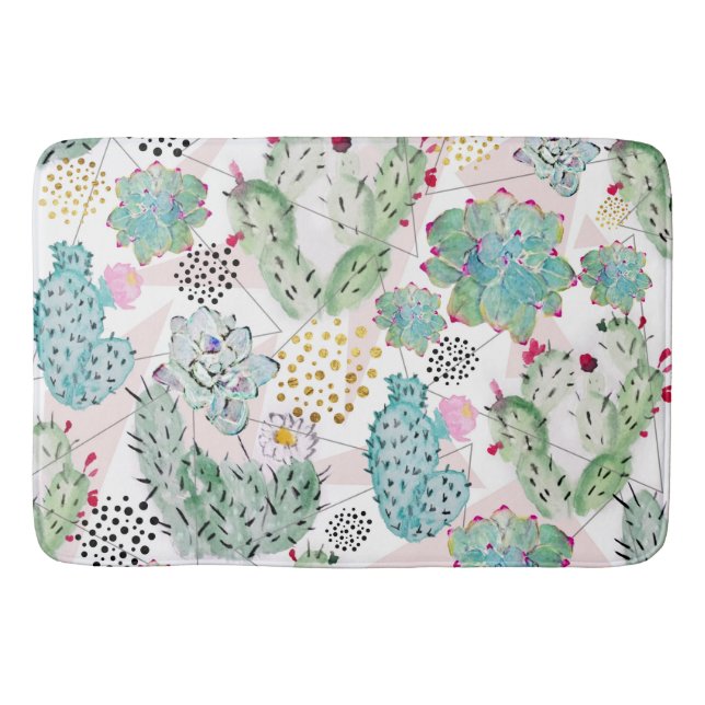 watercolor cactus and triangles pattern bath mat (Front)