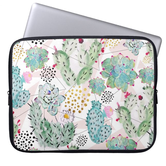 watercolor cactus and triangles pattern laptop sleeve (Front)