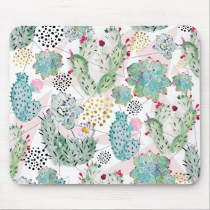 watercolor cactus and triangles pattern mouse mat