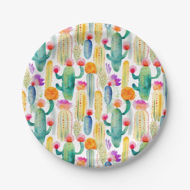 Watercolor Cactus Art Desert Colourful Southwest Paper Plate (Front)