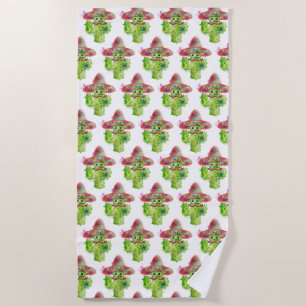Watercolor Cactus Art Moustache Hat Eyes Green Beach Towel