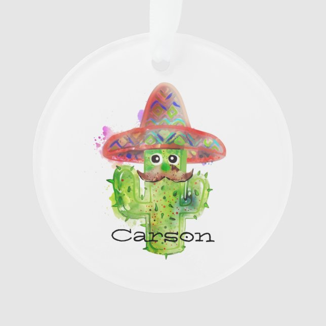 Watercolor Cactus Art Moustache Sombrero Eyes Text Ornament (Front)