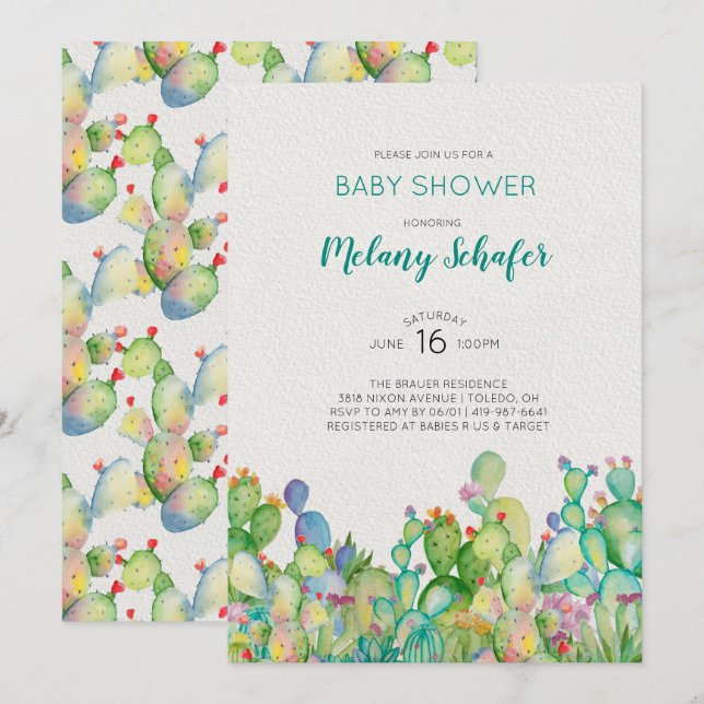 Watercolor Cactus Baby Shower Invitation (Front/Back)