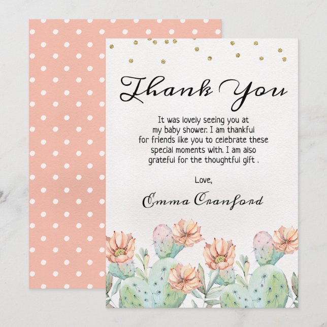 Watercolor Cactus Baby Shower Thank You Card (Front/Back)