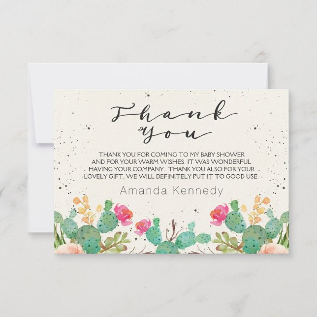 Watercolor Cactus Baby Shower Thank You Card (Front)