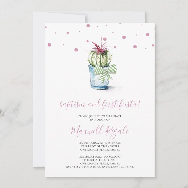 Watercolor Cactus Baptism and First Birthday Card (Front)