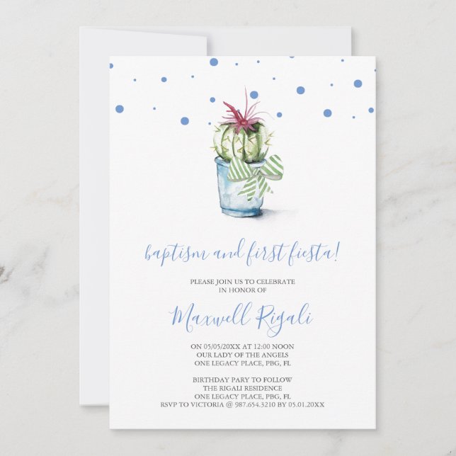 Watercolor Cactus Baptism and First Birthday Card (Front)