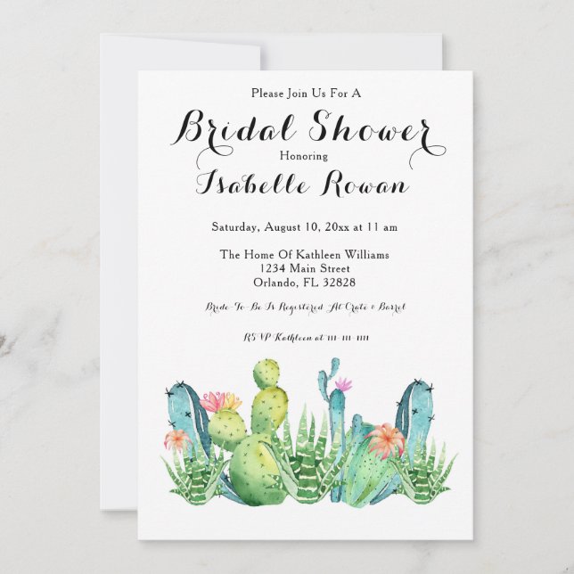 Watercolor Cactus Bridal Shower Invitation Card (Front)