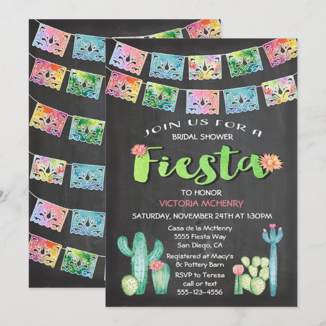 Watercolor Cactus Bridal Shower Mexican Fiesta Invitation (Front/Back)