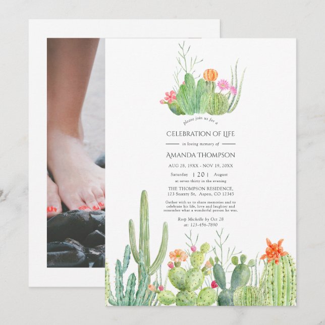 Watercolor Cactus Celebration of Life Photo Invitation (Front/Back)