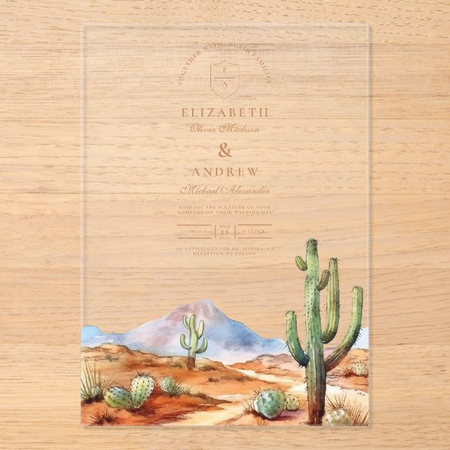 Watercolor Cactus Desert Landscape Wedding Acrylic Invitations (Front)