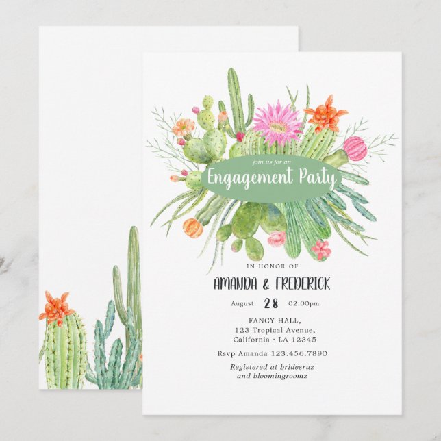 Watercolor Cactus Engagement Party Invitation (Front/Back)
