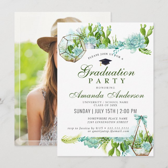 Watercolor Cactus Eucalyptus Graduation Party Invitation (Front/Back)