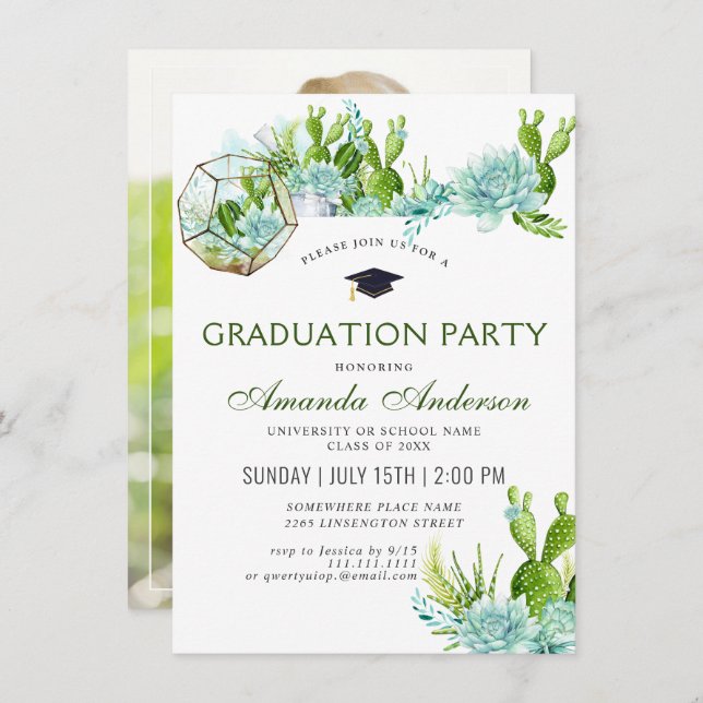 Watercolor Cactus Eucalyptus PHOTO Graduation Invitation (Front/Back)