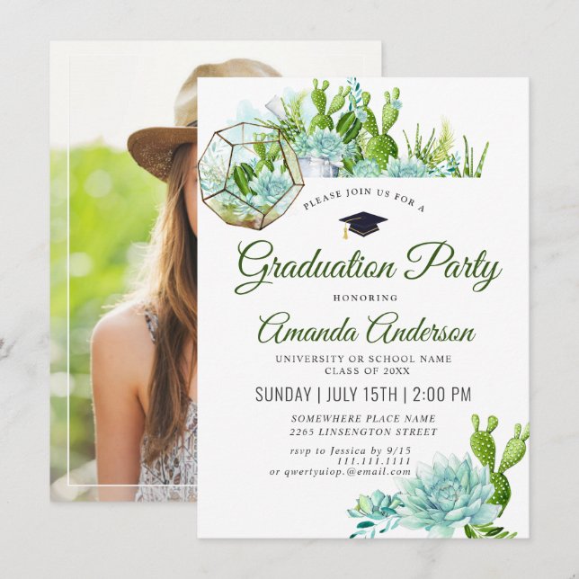 Watercolor Cactus Eucalyptus PHOTO Graduation Invitation (Front/Back)