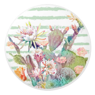 Watercolor cactus, floral and stripes design ceramic knob