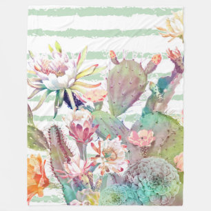 Watercolor cactus, floral and stripes design fleece blanket