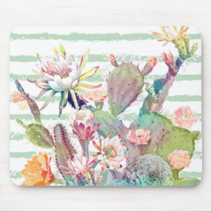 Watercolor cactus, floral and stripes design mouse mat