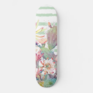 Watercolor cactus, floral and stripes design skateboard
