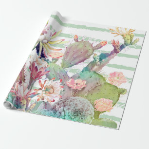 Watercolor cactus, floral and stripes design wrapping paper