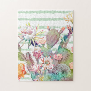 Watercolor Cactus Floral Stripes Design Jigsaw Puzzle