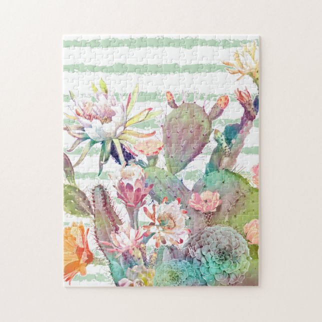 Watercolor Cactus Floral Stripes Design Jigsaw Puzzle (Vertical)