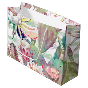 Watercolor Cactus Floral Stripes Design Large Gift Bag