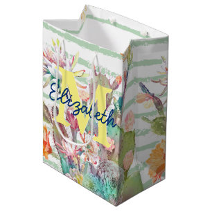 Watercolor Cactus Floral Stripes Design Medium Gift Bag