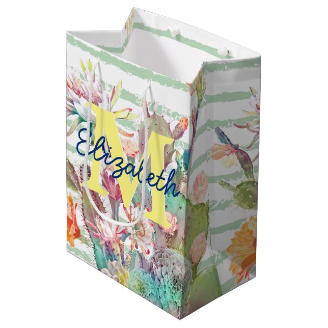 Watercolor Cactus Floral Stripes Design Medium Gift Bag (Front Angled)