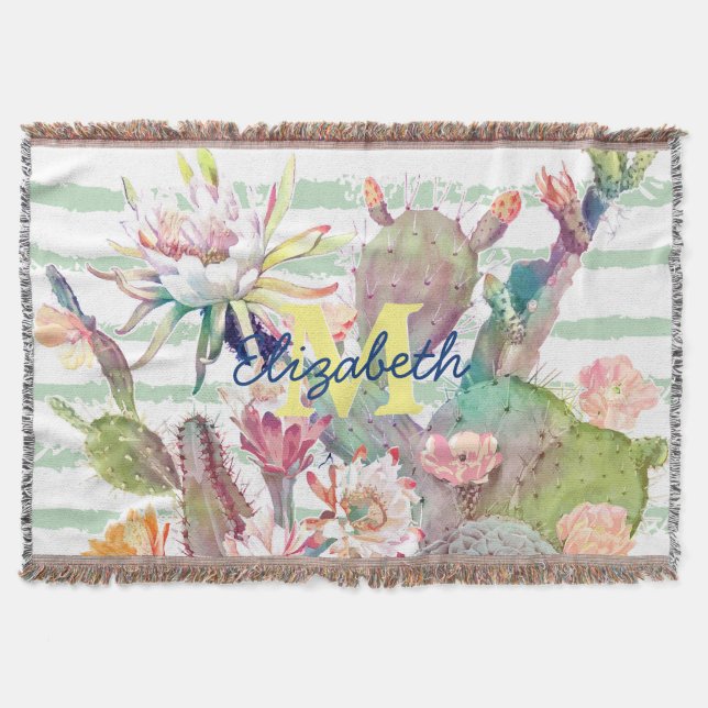 Watercolor Cactus Floral Stripes Design Throw Blanket (Front)