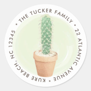 Watercolor Cactus Flower Pot Round Address Label
