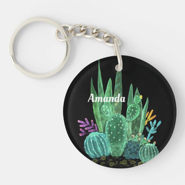 Watercolor, cactus, flowers large clock  key ring (Front)