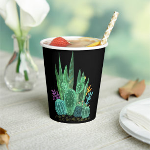 Watercolor, cactus, flowers large clock paper cups
