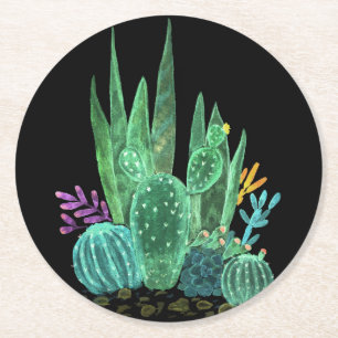 Watercolor, cactus, flowers large clock  round paper coaster